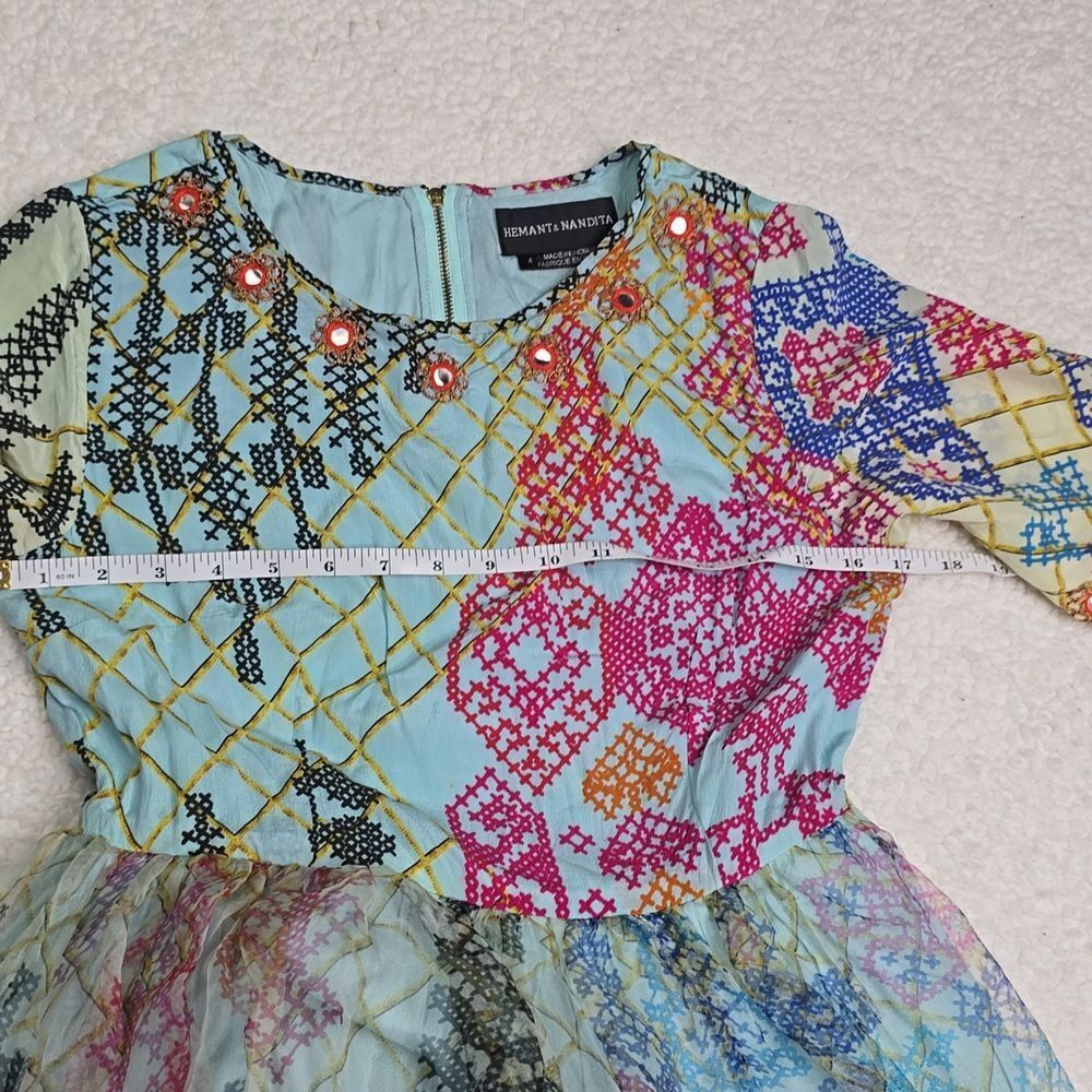 3359 Hemant & Nandita 100% Silk Boho Patchwork Mini Dress Lined Fit & Flare Sz 4 - Picture 9 of 9